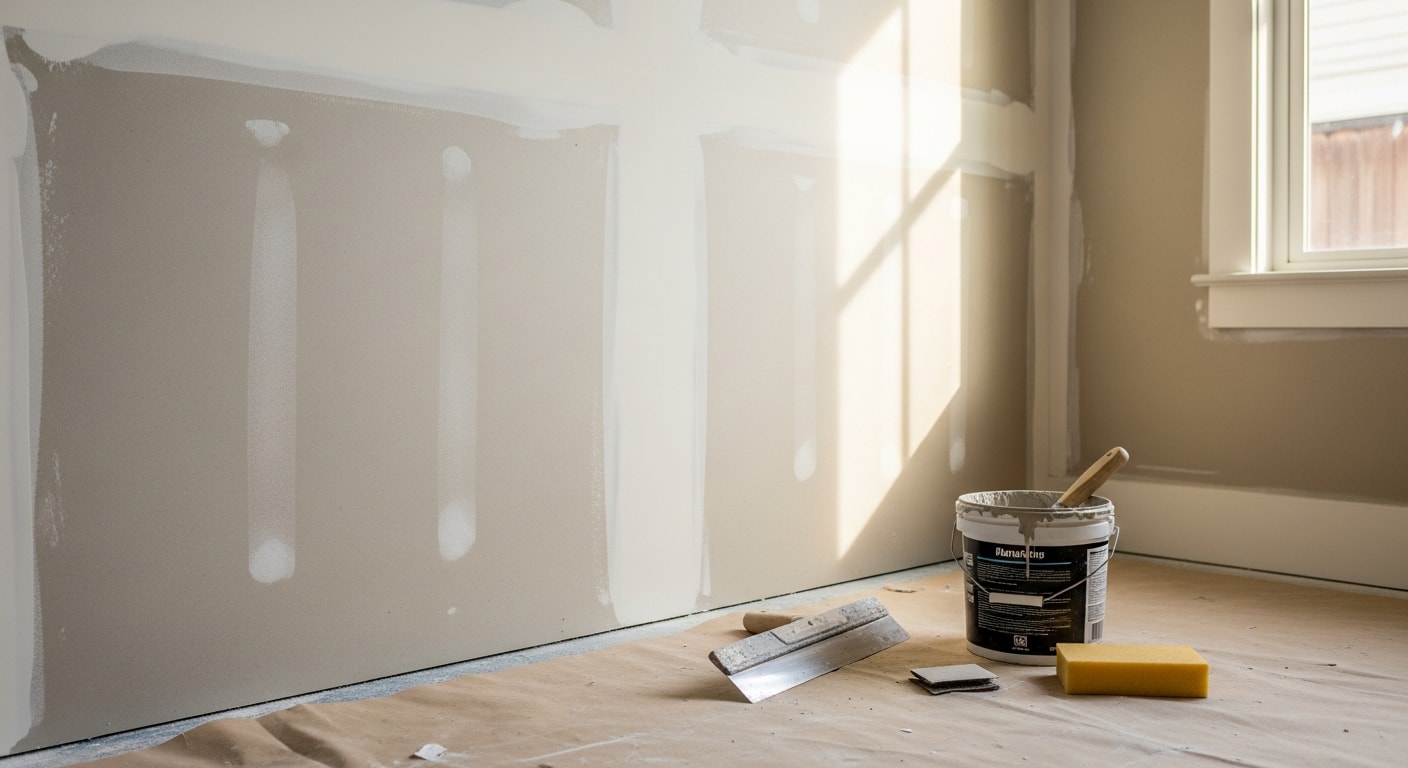 Drywall finishing and repair work on residential interior wall