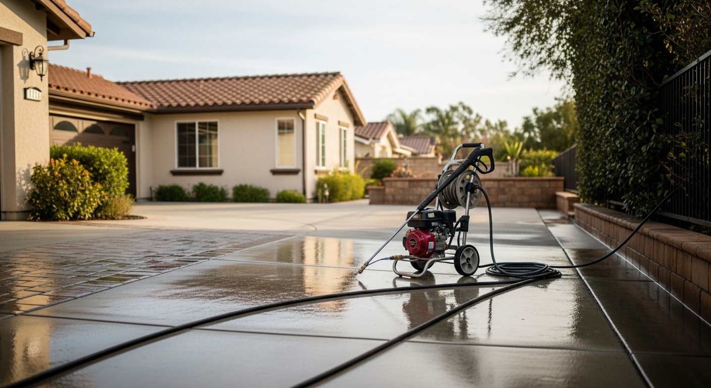 Pressure washing cleaning residential driveway and patio