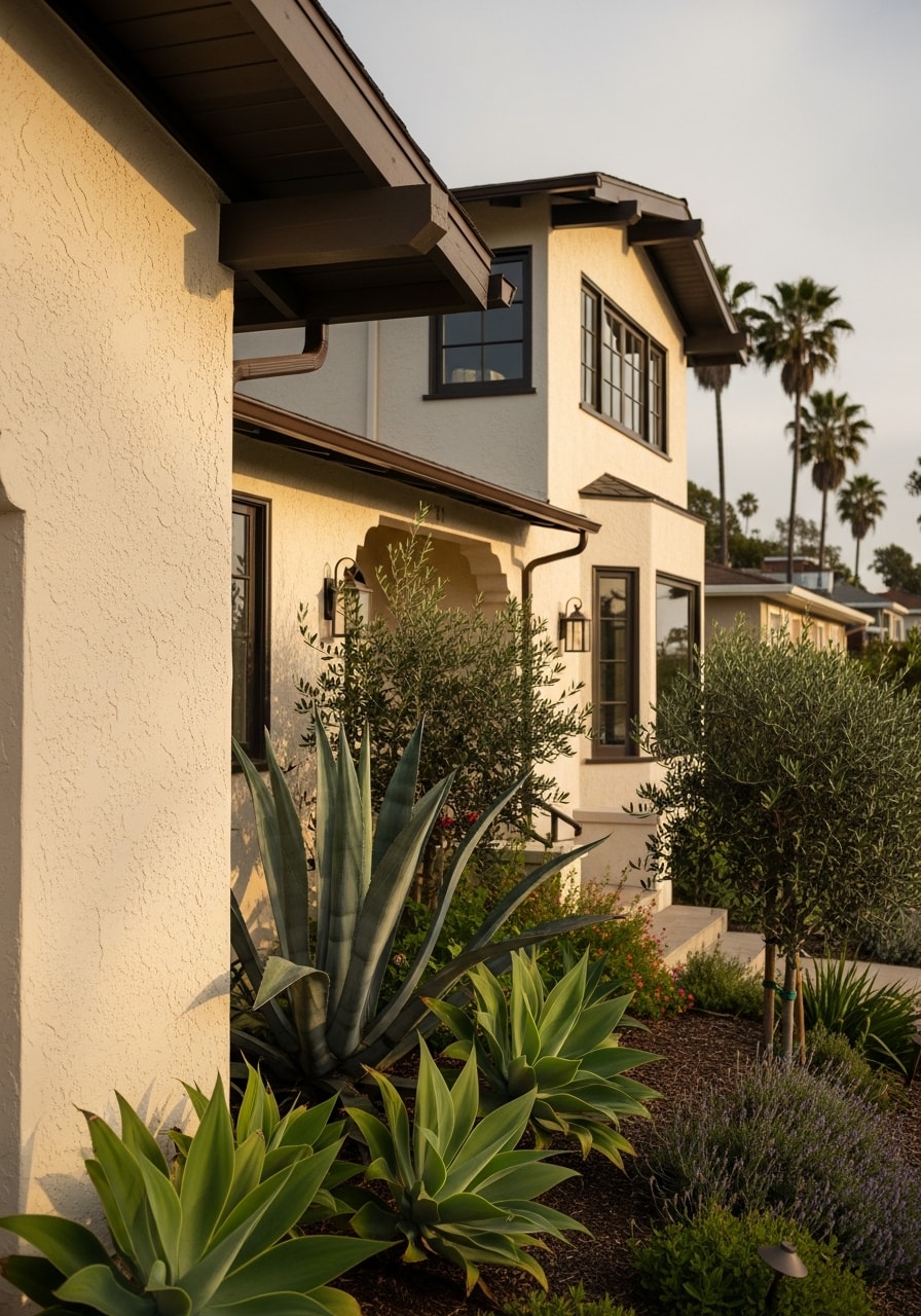 Close-up of a San Diego home's exterior with coastal-style architecture and mature landscaping.