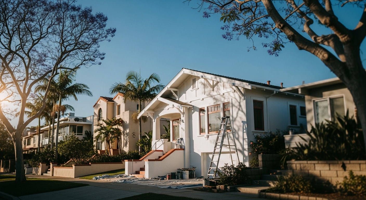 Residential street in San Diego with palm trees and varied home styles under clear blue sky.