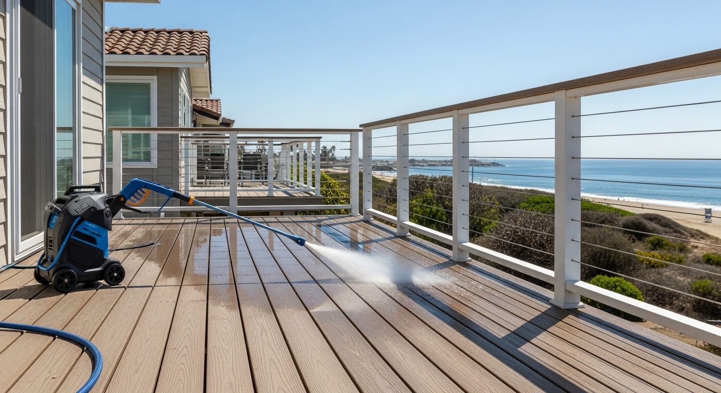 A wood deck in a San Diego residential backyard after professional pressure washing, with clean boards free of algae, mildew stains, and surface grime. The deck surface shows restored natural wood color against a bright Southern California outdoor setting.
