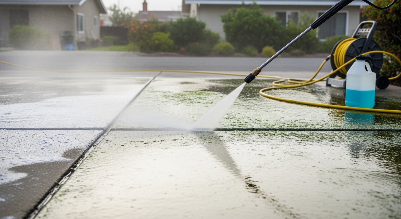 A San Diego residential concrete driveway after professional pressure washing, showing a clean, evenly toned surface free of oil stains, algae bands, and salt film. The cleaned area runs from the street edge to the garage door with no dark patches or discoloration remaining.