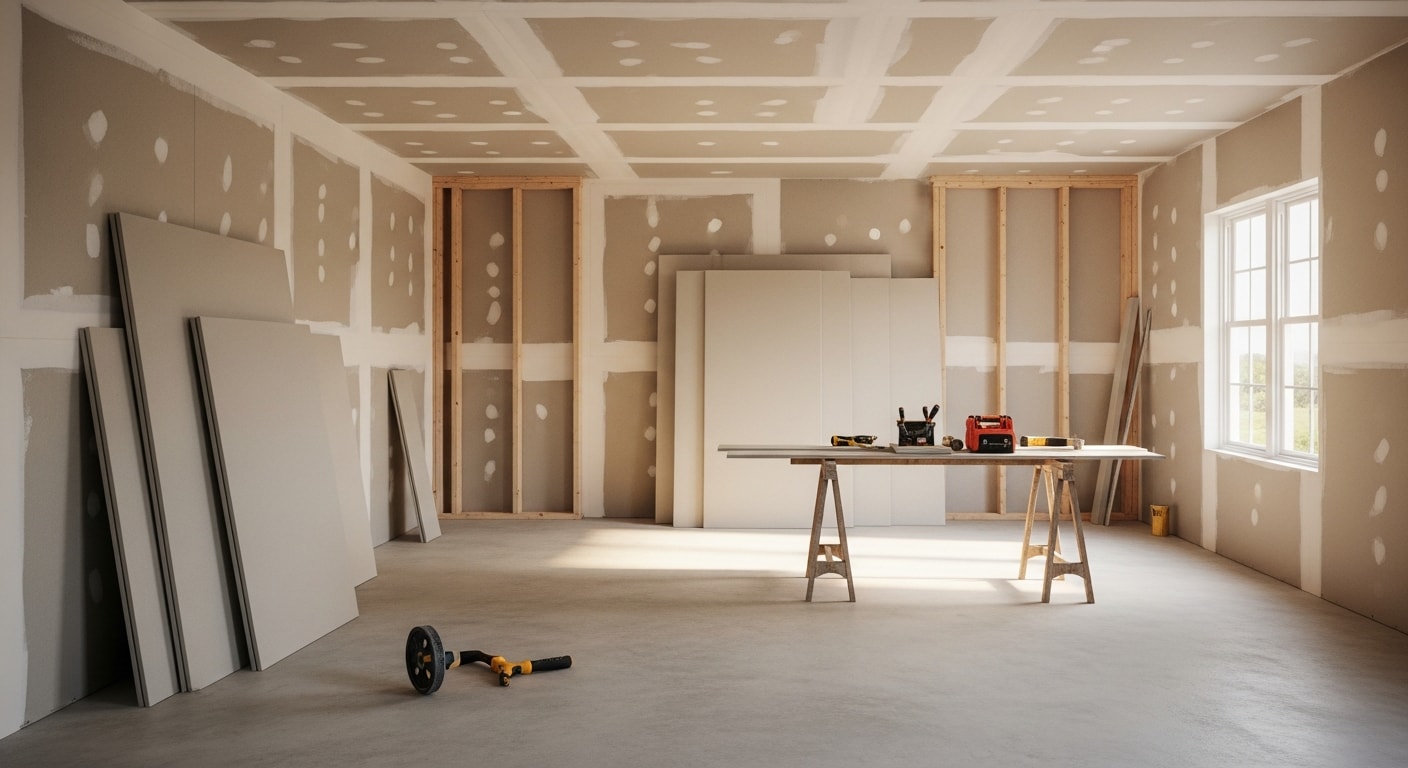A freshly installed and taped drywall ceiling in a San Diego home interior, with smooth seams ready for primer and paint. The room shows clean corner beads and flat wall surfaces under bright natural California light.