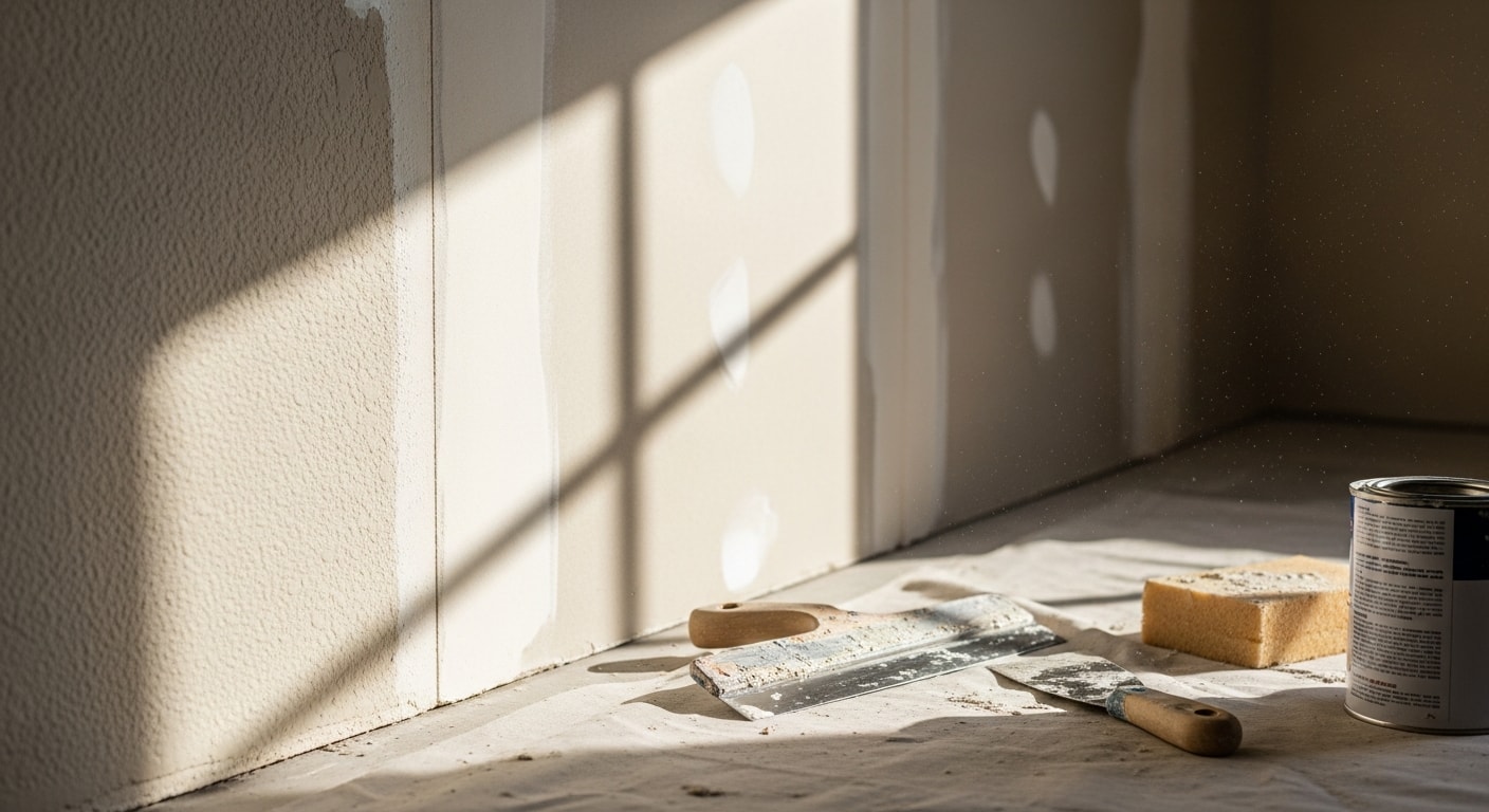 A freshly patched and sanded interior wall in a San Diego home, showing a smooth, seamless surface ready for paint. The repaired area blends evenly with the surrounding drywall texture under natural light.