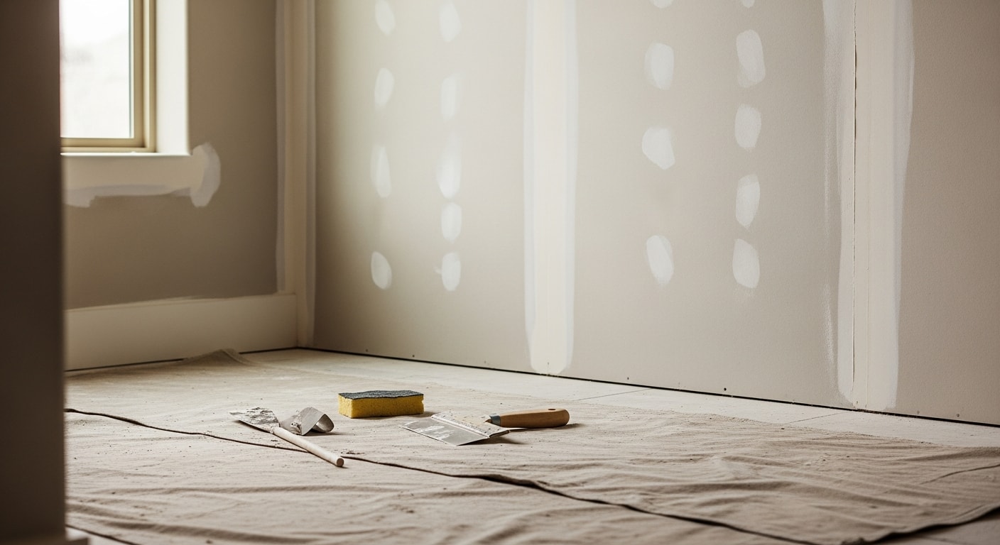 A freshly repaired and smoothly finished interior wall in a San Diego home, showing a seamless drywall patch blended with the surrounding wall texture. The repaired surface is primed and ready for paint with no visible seams or discoloration.