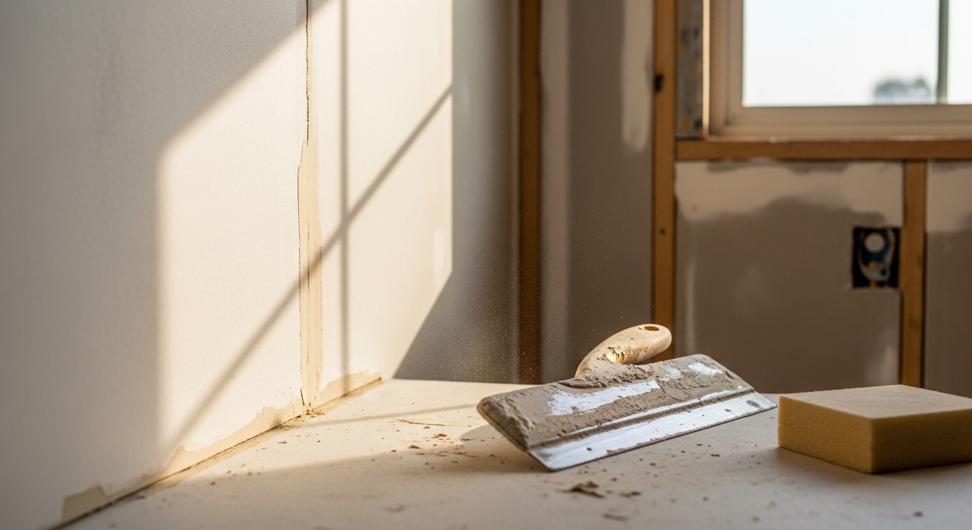 A freshly taped and sanded drywall wall in a San Diego home interior, showing smooth, seam-free surfaces ready for paint. Joint lines and corner edges are flat with no visible ridges or tape edges.