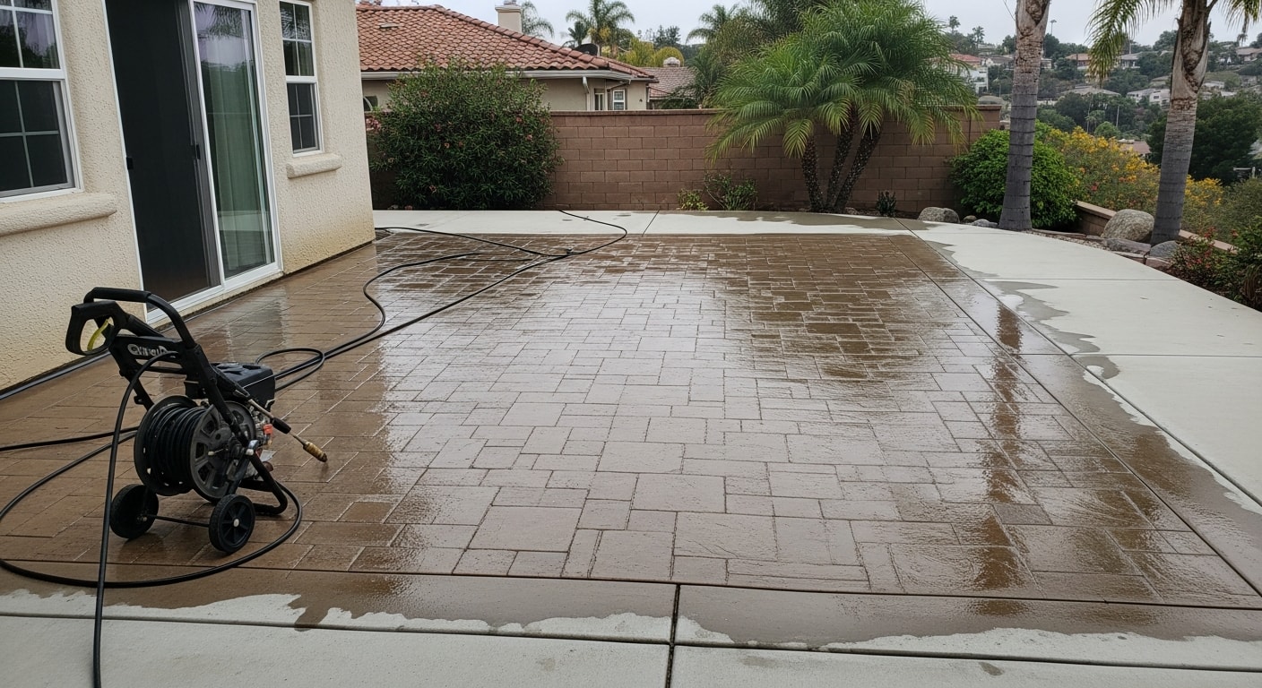 A San Diego backyard patio with concrete pavers being pressure washed by a Next-Gen Paintworks technician, showing a clean half and a grimy half mid-service. Algae and dirt staining visible on the uncleaned side under bright Southern California sunlight.