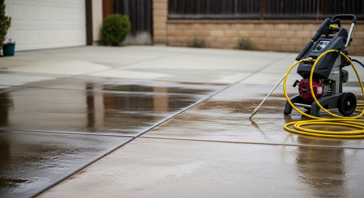 A San Diego home's concrete driveway and stucco exterior wall after professional pressure washing, showing clean surfaces free of algae streaks, dirt, and salt deposits. Next-Gen Paintworks technician working on exterior cleaning in a residential San Diego neighborhood.