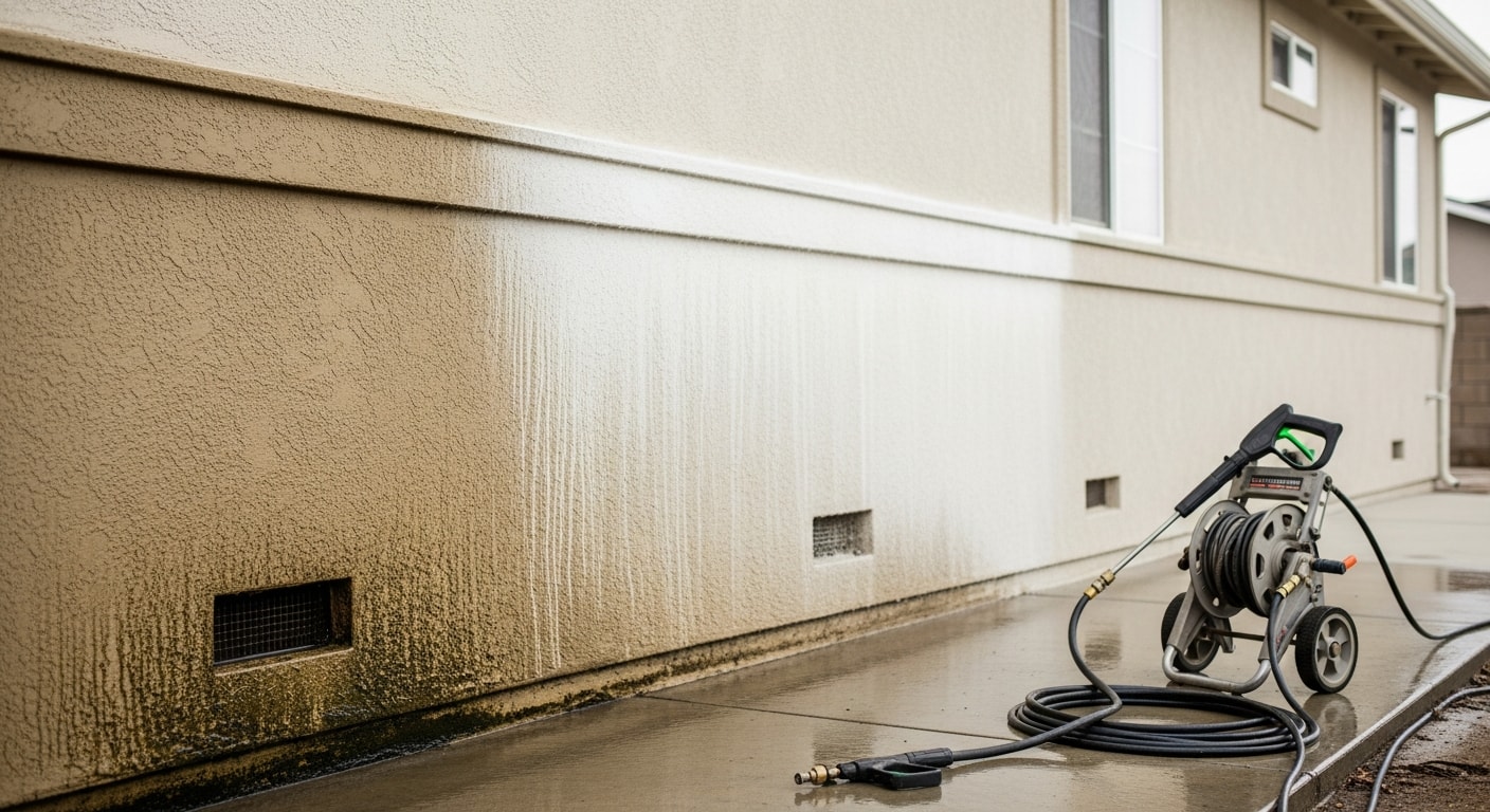 A San Diego home exterior showing clean, streak-free siding after professional washing, with no visible algae or salt residue on the panels. The cleaned surface contrasts with the surrounding coastal environment typical of San Diego neighborhoods.