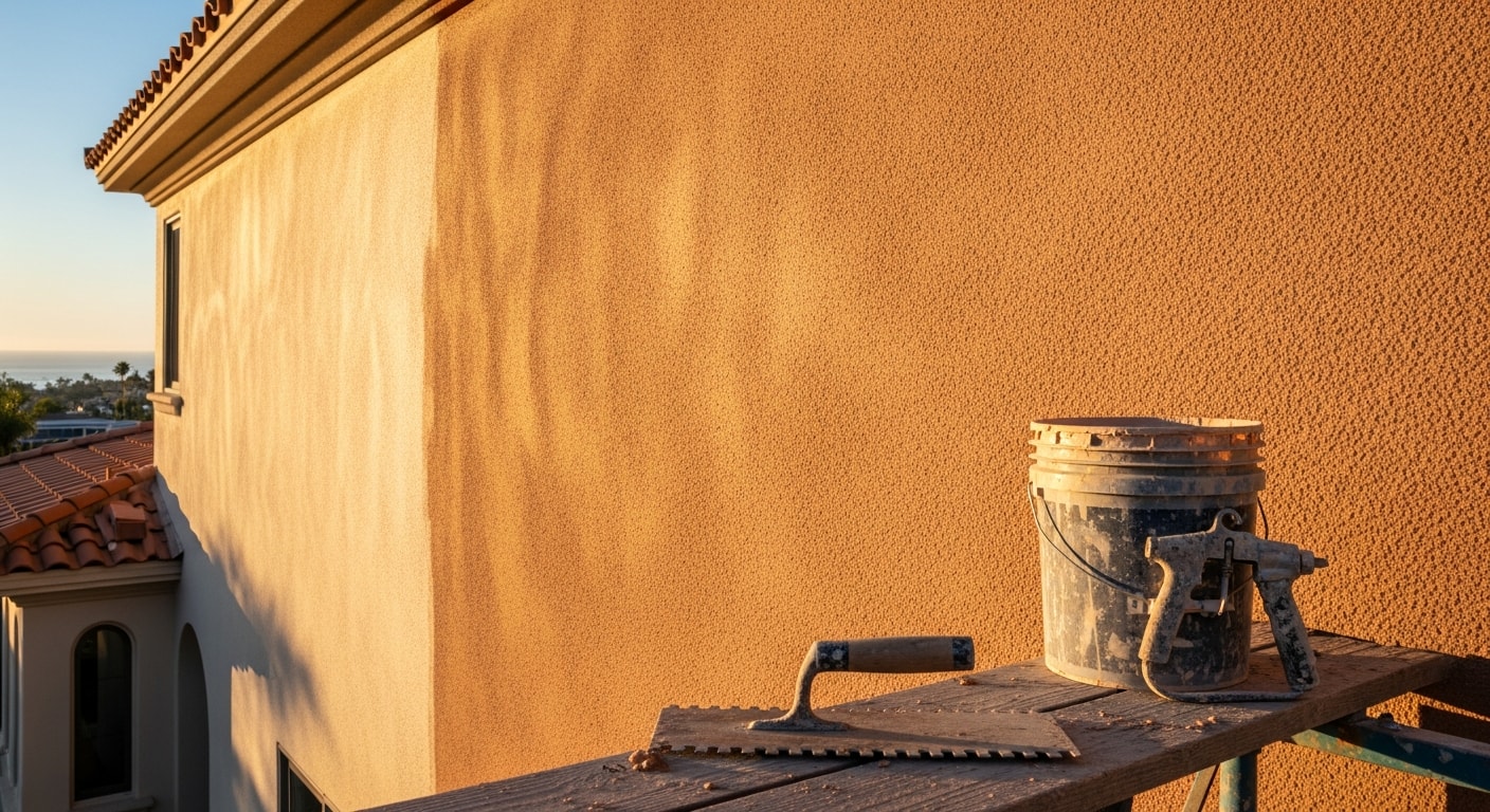 A San Diego home exterior showing a freshly applied smooth stucco finish on sun-facing walls. The surface is even in color and texture with clean edges around windows and trim.
