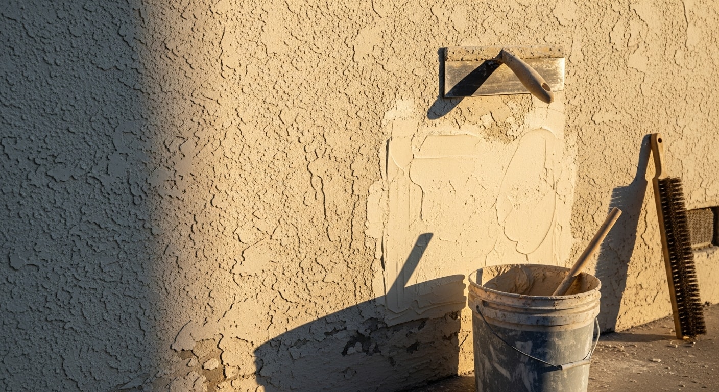 A stucco exterior wall on a San Diego residential home showing a freshly patched and texture-matched repair area alongside the original finish. The repaired section blends smoothly with the surrounding sand-finish stucco under bright Southern California daylight.