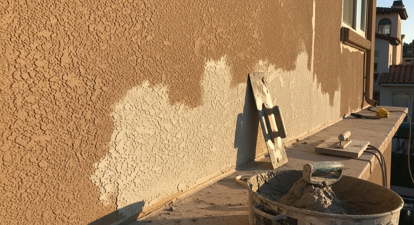 Close-up of a repaired stucco exterior on a single-story San Diego home, showing a smooth texture patch blended into the surrounding original wall surface. The finished repair is visible against a sun-faded beige stucco facade typical of residential properties in the San Diego area.