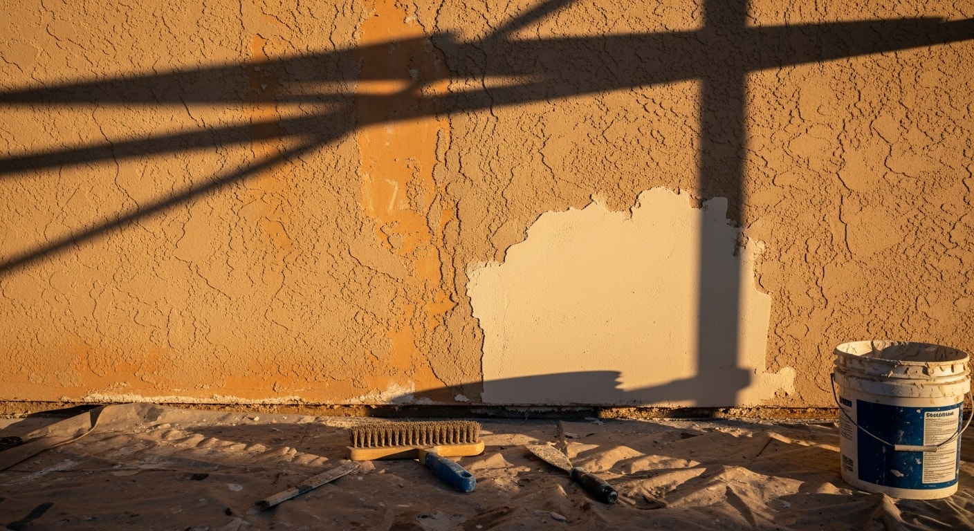 A San Diego stucco home exterior after professional restoration, showing a clean, uniform finish with no visible cracks or discoloration. The repaired surface reflects the area's Mediterranean-style architecture under bright Southern California sunlight.