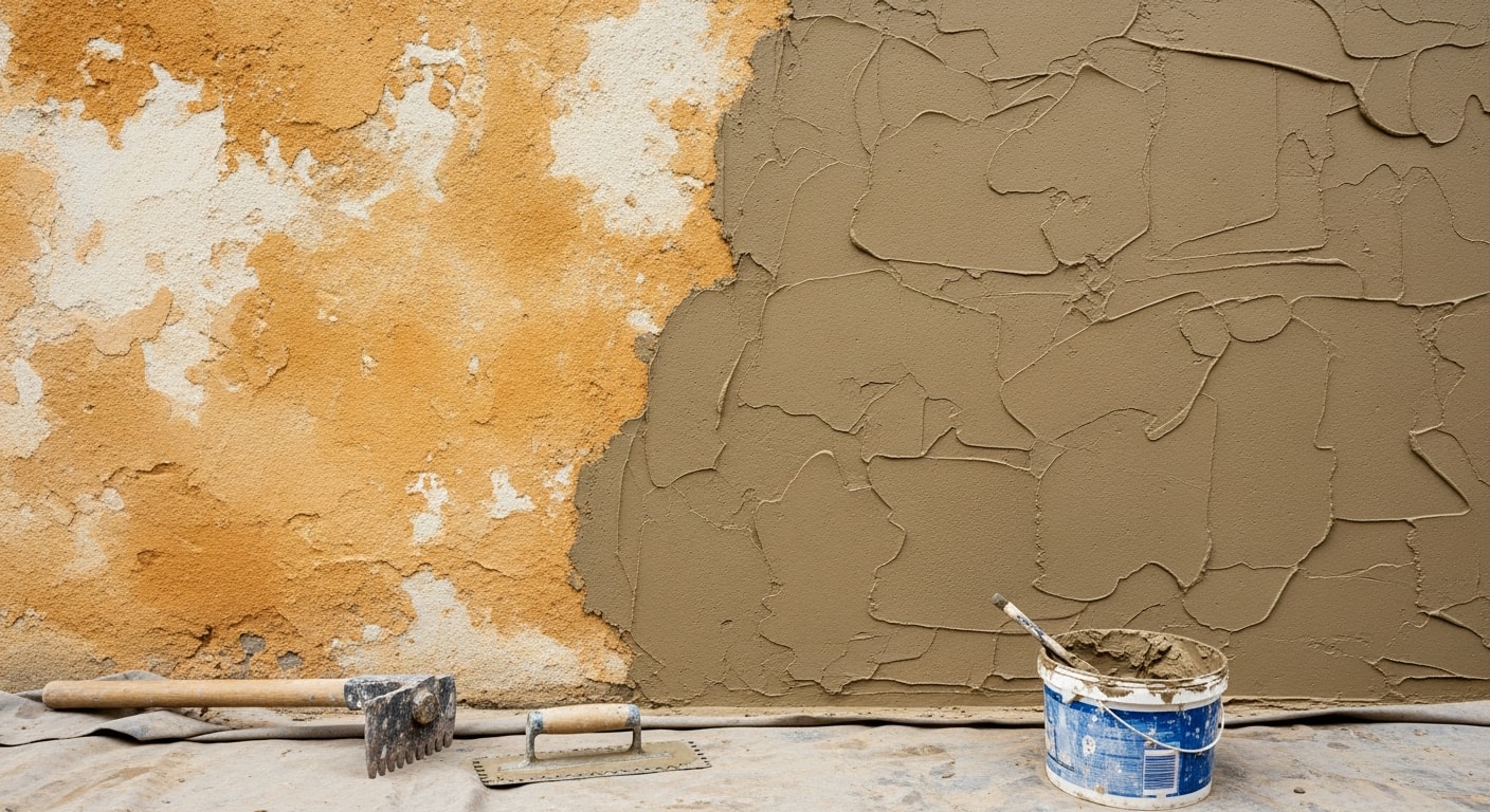 Close-up of a repaired stucco exterior wall on a San Diego home showing a seamless sand finish texture blend between the patched section and the original surrounding surface. The wall shows consistent color tone and texture depth across the entire repaired area.