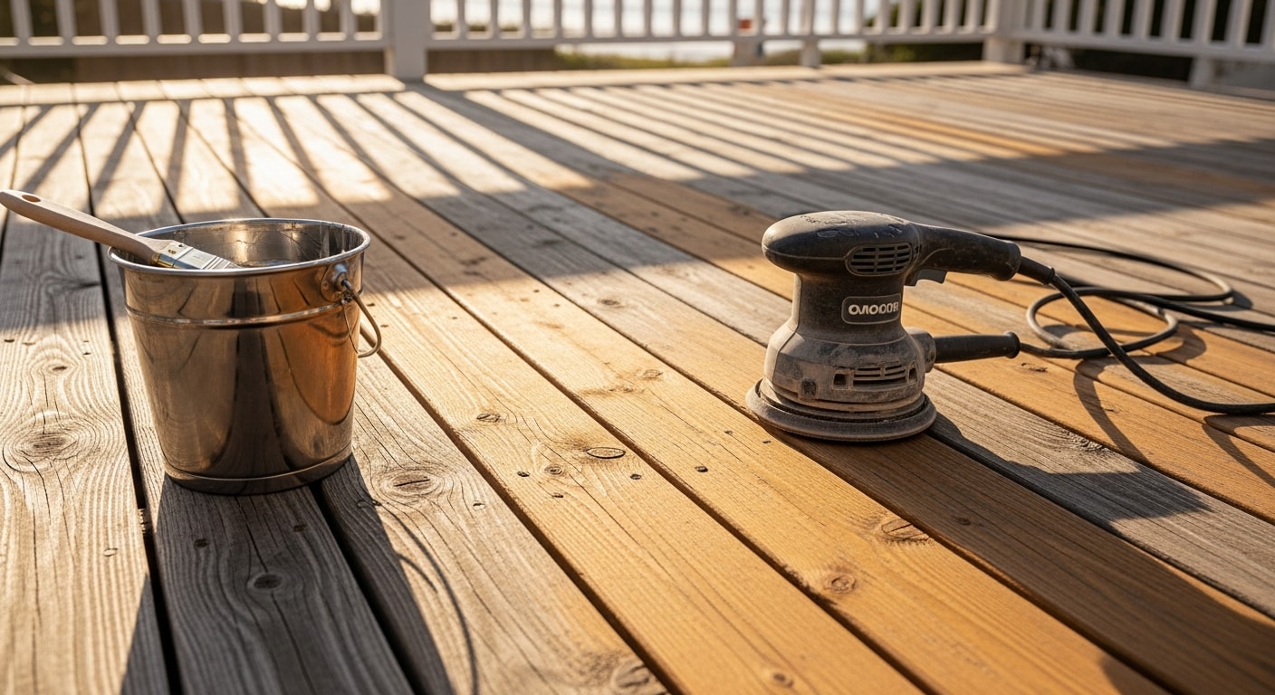 Restored exterior wood deck and trim on a San Diego home showing clean grain and even finish after professional wood restoration service. Before-and-after view highlights the removal of gray weathering and surface damage caused by coastal sun and salt air exposure.