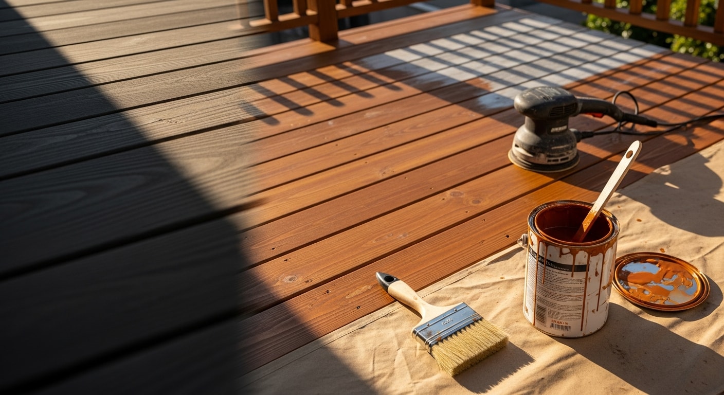 A freshly stained wood deck in a San Diego backyard showing even color and visible grain detail. The surface shows no fading or weathering, with clean edges along the fence line.